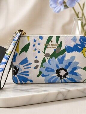 kate spade White Floral Wristlet with Blue and Green Blooms